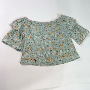 LAIA Tops Womens Small Green Floral Short-Sleeve Boat Neck Cotton Blouse Eyelet